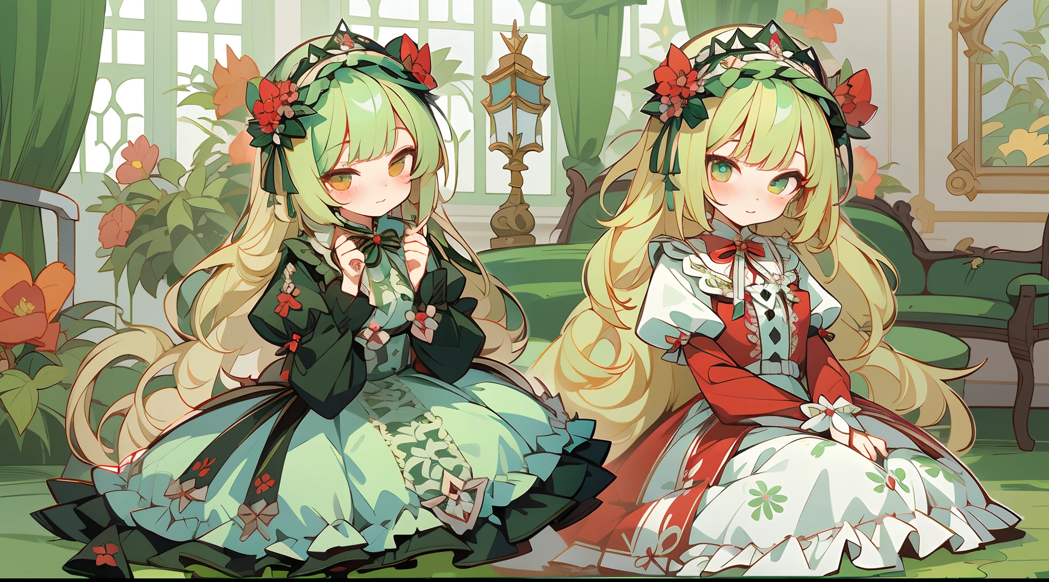 (1 Gothic Lolita), (standing full-body), (Full body standing painting), 1 Princess，(standing full-body)，独奏, BJD dolls, Blush, long  skirt，character  design, fanciful, alice in the wonderland, Gothic Lolita red dress, Green high socks, White flowers, ((red colour)), Blonde hair, Short hair, Double up braid, tmasterpiece, top Quority，best qualtiy，超高分辨率，Exquisite facial features,