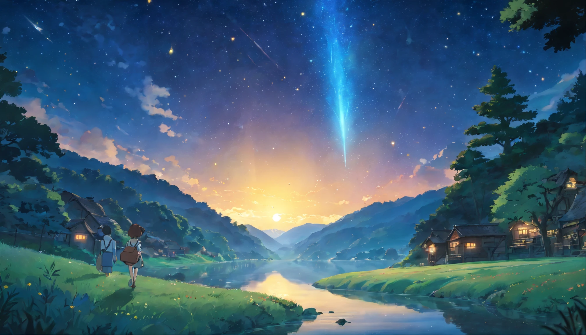 In the infinite universe, Starry sky wrapped in pitch black darkness, A shining meteor is spinning a special story. There are small river valleys around it，There is a fawn、Fireflies appear，hyper HD