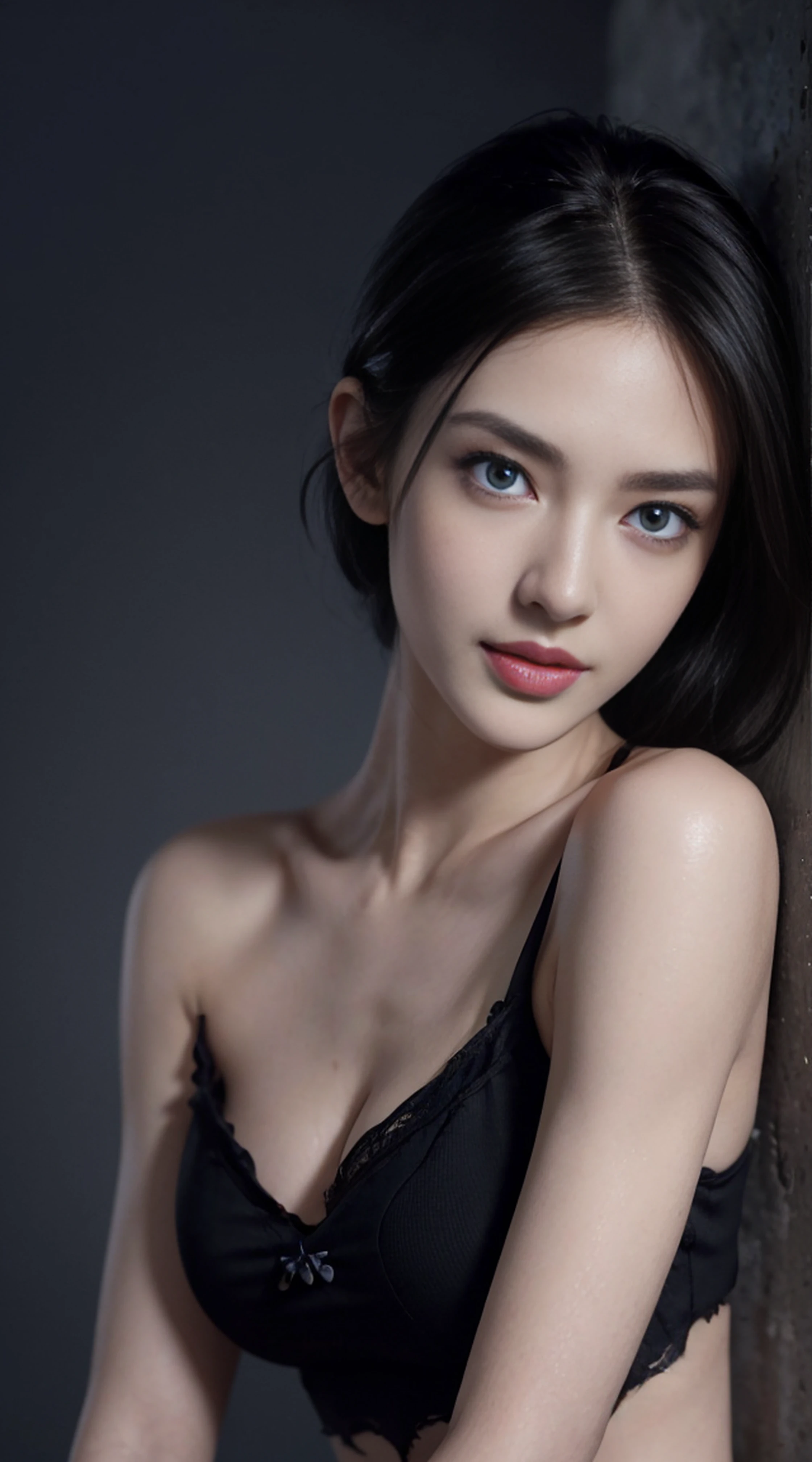 8K, Top Quality, Intricate Details, Ultra Detail, Ultra High Resolution, Masterpiece, random angle,  Slender, Smile, (Makeup: 0.4), (Fluffy Blue Eyes: 1.21), blue Eyes, looking at viewer, ((full body)), 1girl, solo, 1 girl, (( full body)), close up shot, , ((tall)), (((fit body))), (((slim face))), sharp face, sharp eyes, (((black hair,  )) , (detailed face), sharp face, small lips, 
 (( )), ((Ripped one piece)),  detailed face, detailed breast, , large breast, detail ass, , Beautiful girl with accentuated slender abs: 1.4, Six Pack Abs: 1.4, Bust Botox, Big, Perfect Body, detail leg, (( moonlight)),