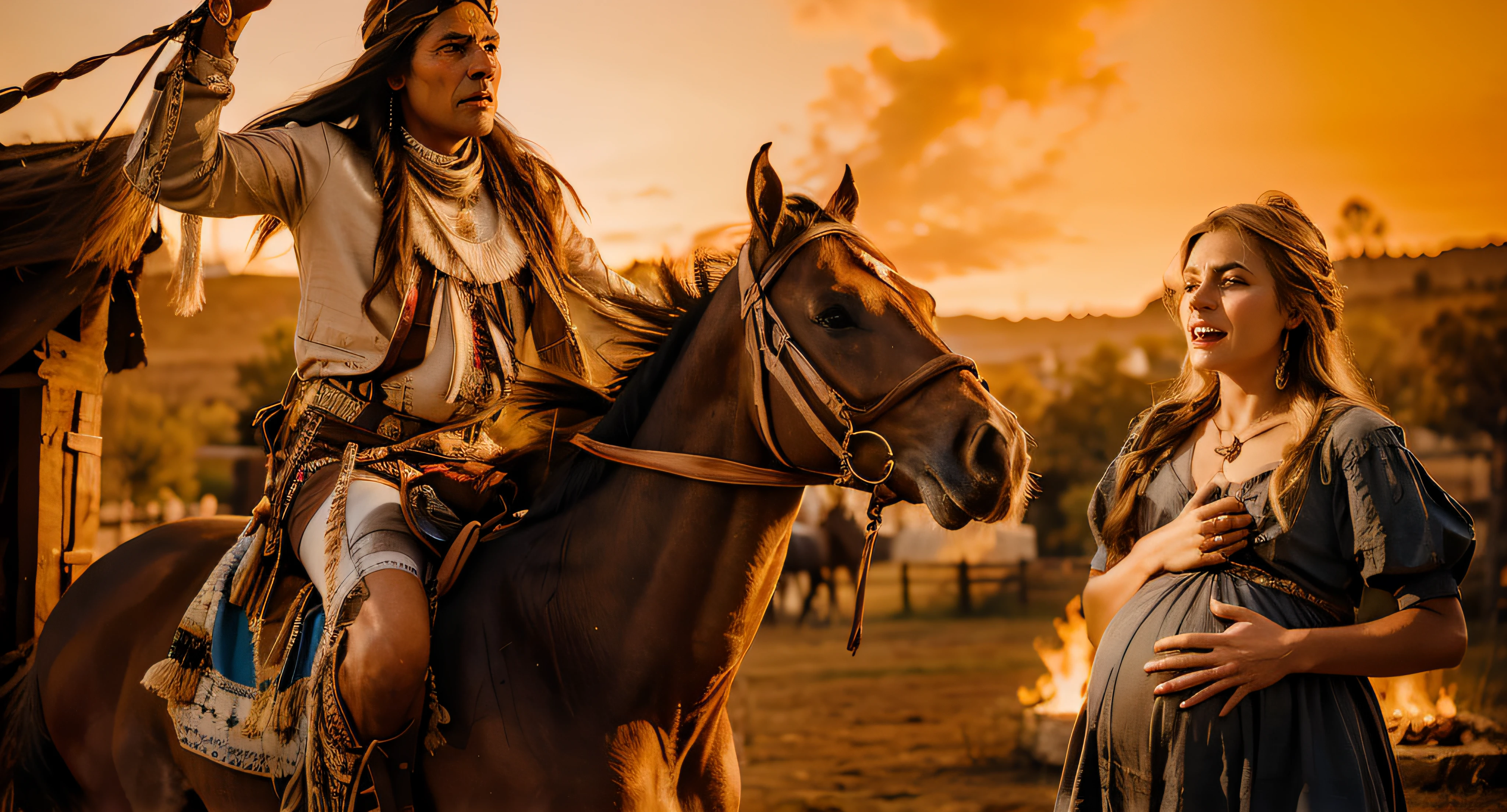 indio comanche em cima de um cavalo , com uma mulher europeia loira gravida gritando de medo