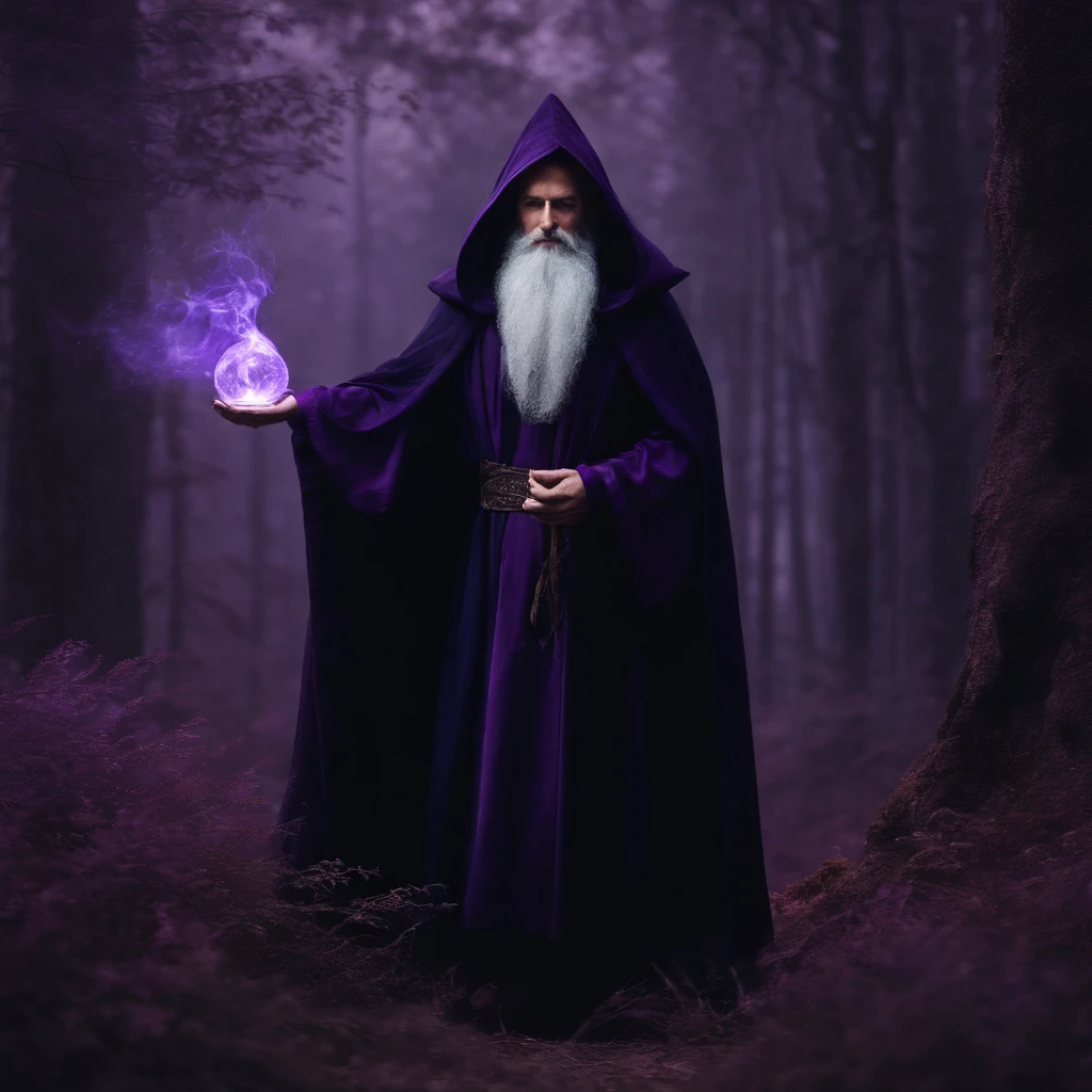 create a illustration, Arafed monk in a purple robe holding a portion, like a Wizard, in dark purple robes, wearing black and purple robes, Portrait of a forest wizard, wearing dark robe, casting a spell on a potion, evil sorcerer, tarot card the hermit, saggy purple robes, an arcane wizard casting a spell, dark cloak, wizard with beard, wizard in the purple forest, forest with purple vegetation