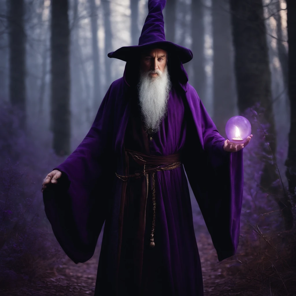 create a illustration, Arafed monk in a purple robe holding a portion, like a Wizard, in dark purple robes, wearing black and purple robes, Portrait of a forest wizard, wearing dark robe, casting a spell on a potion, evil sorcerer, tarot card the hermit, saggy purple robes, an arcane wizard casting a spell, dark cloak, wizard with beard, wizard in the purple forest, forest with purple vegetation