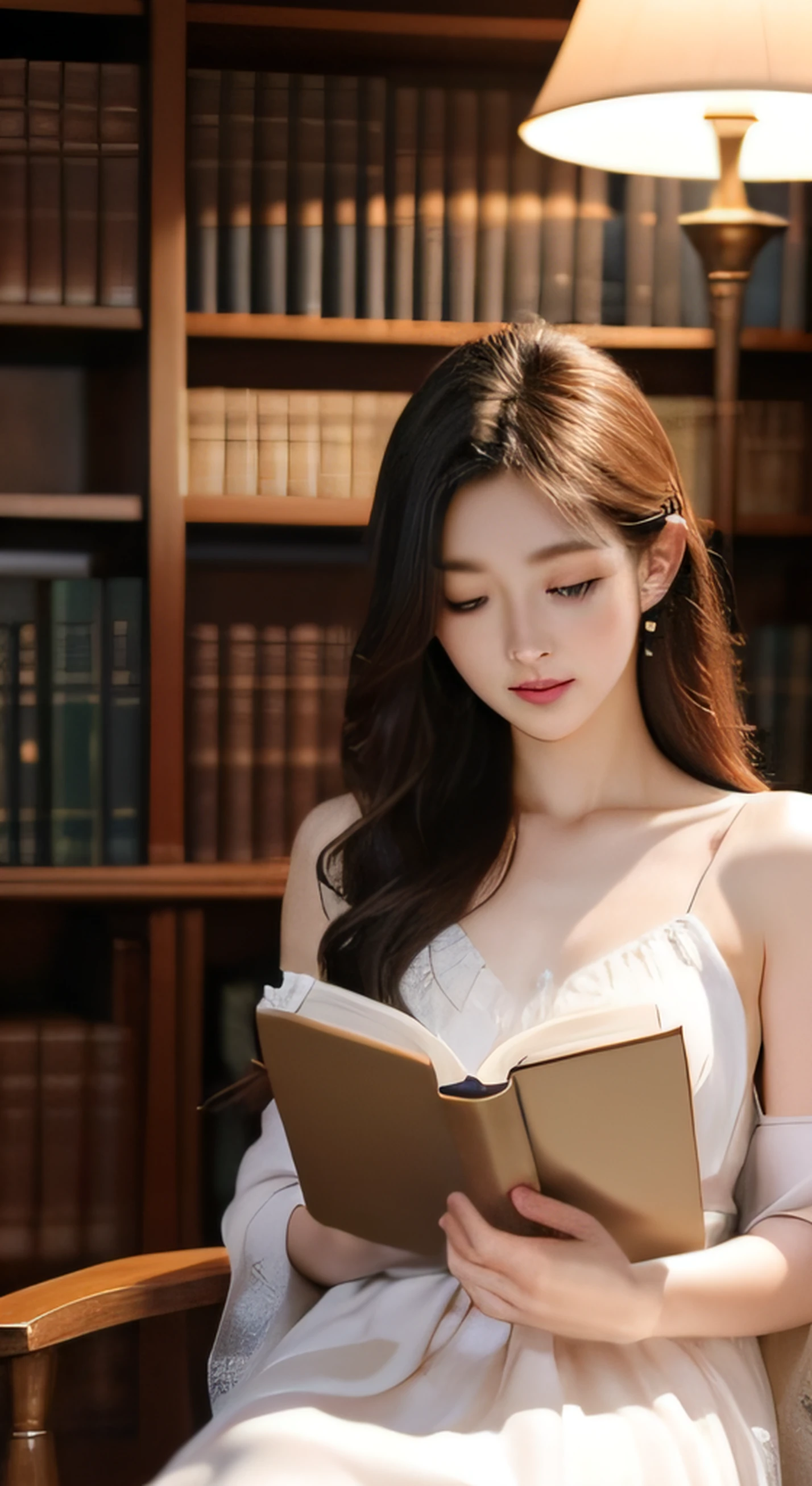 One girl, full bodyesbian, (Delicate illustrations: 1.4), (Masterpiece: 1.0), (Best quality: 1.4), (Ultra HD: 1.2), ( Soft focus: 1.4), (18yr old:1.3), (Sharp focus: 1.4) , Korean beauty , Beautiful dress,draped in silk,Book in hand,Focus on reading, Eyes look at the book,sit on chair,Next to the bookshelf,neonlight, Romantic, Perfect ,