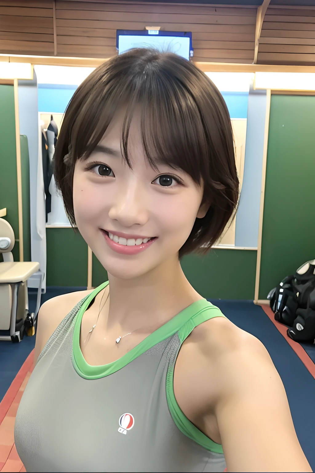 Start training today at a sports club、Japan Beauty in Short Cuts。Clothing is less exposed skin。Her hair is light brown and she smiles and says:。Taking a selfie with your phone in front of the mirror。