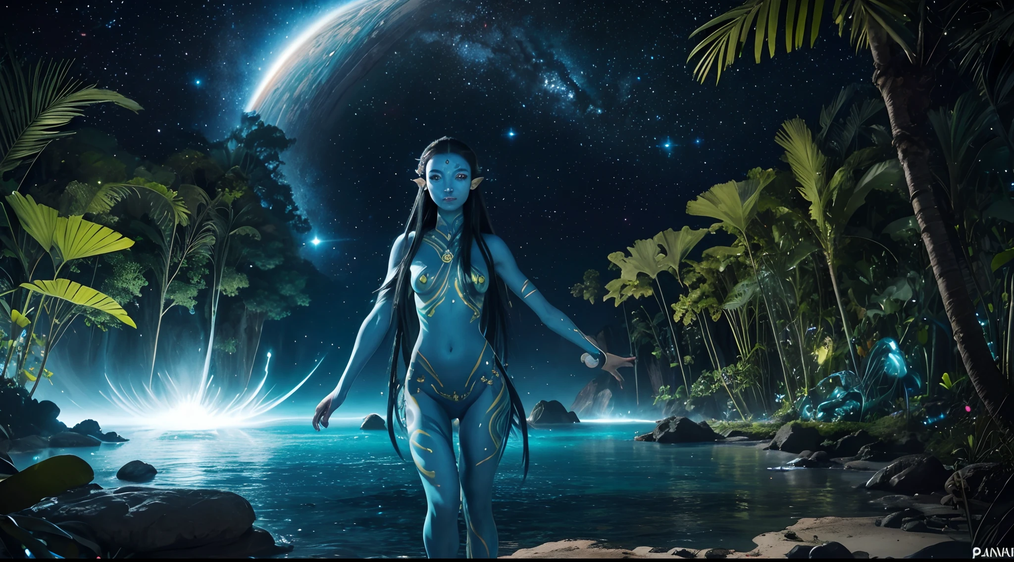Avatar Na'vi Alien Girl, Praia tropical de Pandora, Black Universe Galaxy Luminous Spots Skin, hyper realistic, meditation, Kundalini, Fonte de Energia Antiga, sol, flores de todas as cores e formas, sentado de pernas cruzadas, olhos fechados, waterfall, Magical Circle, levitation, levitation