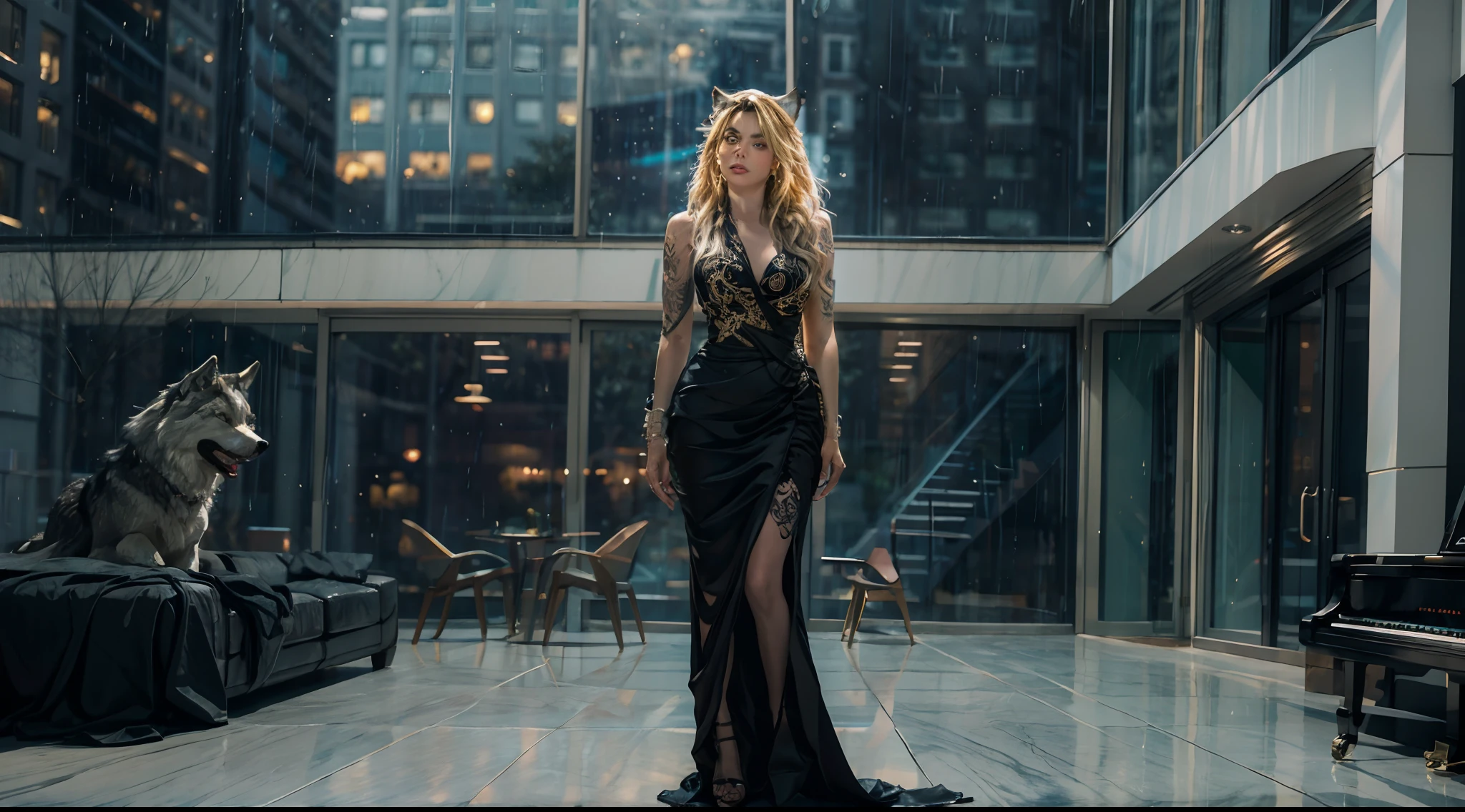 4k highly detailed, true-to-life digital extremely high quality RAW photos, Margot Robbie(Margot Robbie),Large floor-to-ceiling windows,Large modern style living room,It was raining outside the window,High-rise buildings outside the window,Sit in front of a black piano,Long blonde curls,Long black dress, ((Wolf tattoos)), Epic, Hyperrealistic, hyper photorealism, 8K, Cinematic lighting, greg rutkovsky, ,hyper HD