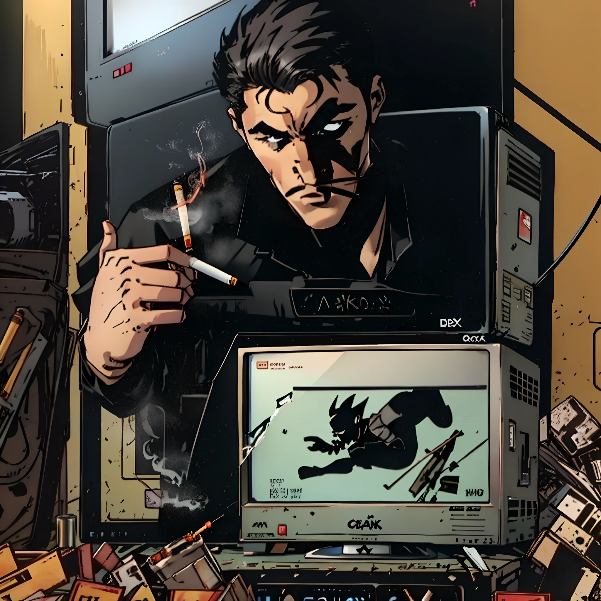 pitch black figure smoking a cigarette looking into a smashed box television