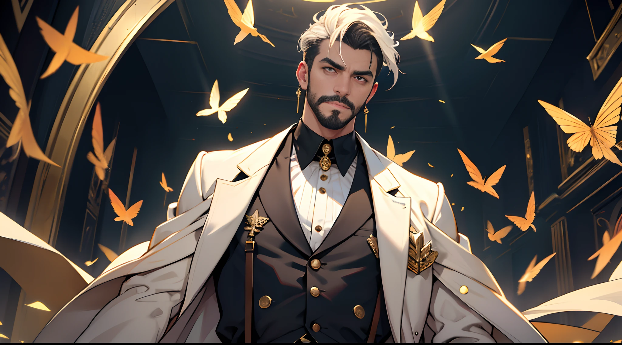 A man wearing black and gold clothes with gold suspenders and white overcoat, fluttering loose fabrics, Colar Metatron, bigode, com um punhal, misterioso, imponente, rosto detalhado, Ambiente paranormal, fotografia de corpo inteiro, ((looking-into-camera)), UHD, 16k, imagem ultra detalhada e perfeita