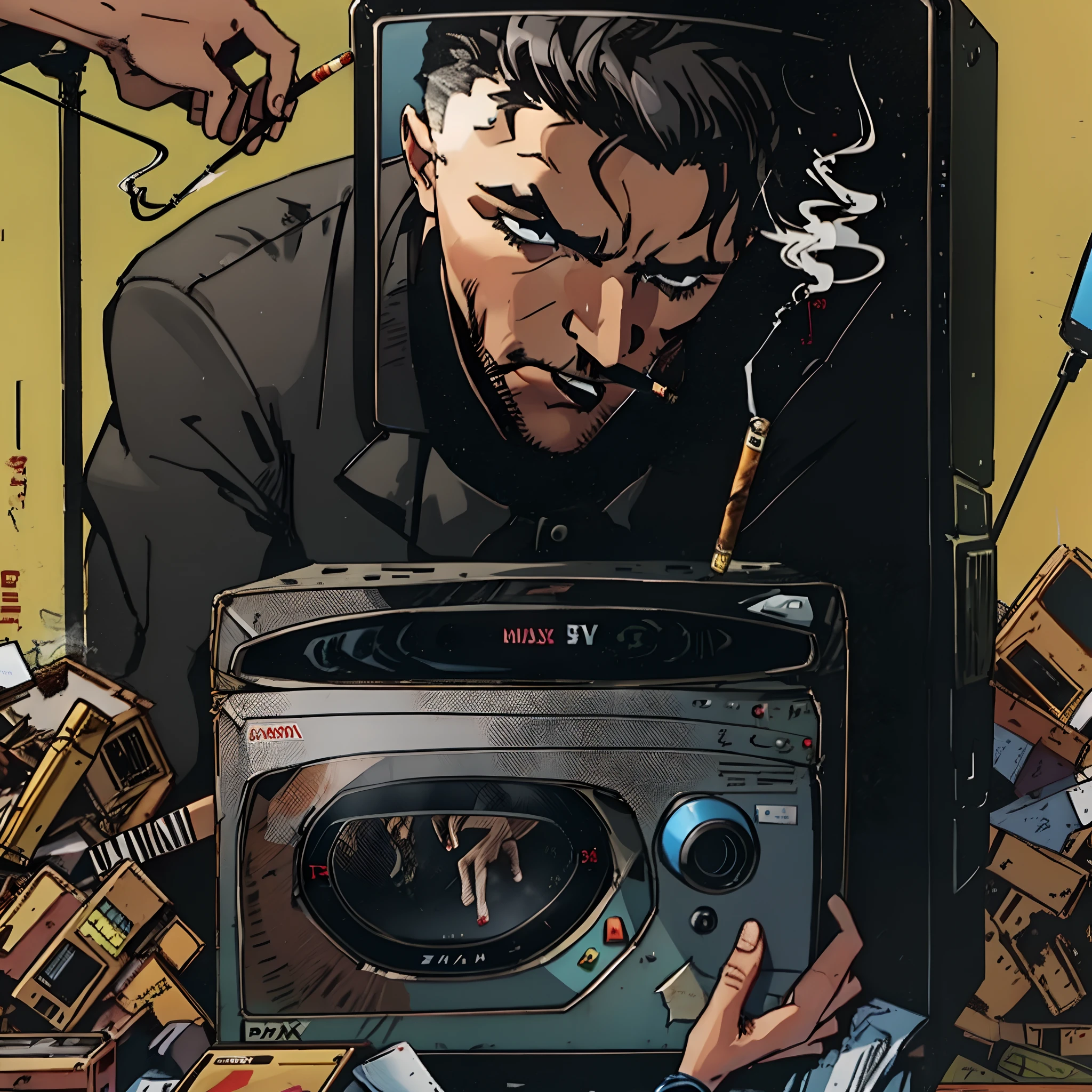 pitch black figure smoking a cigarette looking into a smashed box television