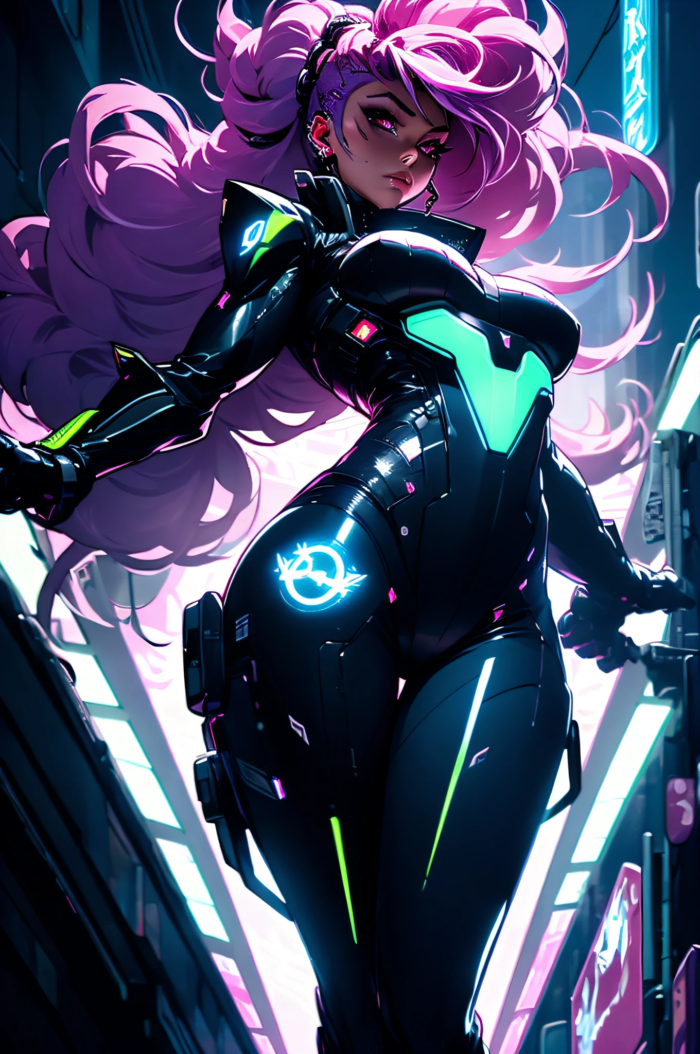 A JustforFun creation. (((Ultra detailed, beautiful face, Megapixel)))
In a futuristic metropolis dominated by advanced technology, a cyberpunk heroine emerges to challenge the oppressive reign of the Death Robots. With ((neon pink hair)) styled in a daring mohawk and her ((intense, neon green eyes)) glowing with determination, she embodies rebellion and strength. Her exoskeleton suit, a masterpiece of engineering, allows her to walk effortlessly on both hands and feet, giving her the advantage of agility and acrobatic prowess. Emblazoned on her suit is the ((Mercedes-Benz star logo)), signifying her defiance against the mechanized tyranny. She wields a high-tech plasma whip, crackling with electric energy, as her weapon of choice. In the backdrop of the city's neon-lit streets, she takes a defiant stance, ready to take on the Death Robots in an electrifying battle for freedom and justice.