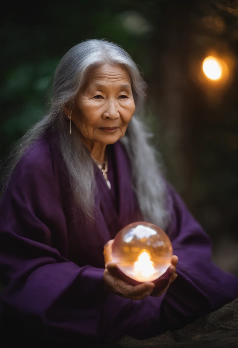 Elderly psychic with crystal ball and crystal ball,jpn,Asians、Close-up portrait of an elderly woman,Holding a glowing ball in your hand,Long grey hair,Dressed in a purple jacket、Cross-legged meditation、Ignite the magical aura around you,Taoist Masters,Taoist,a smile,ornate,diamond ring