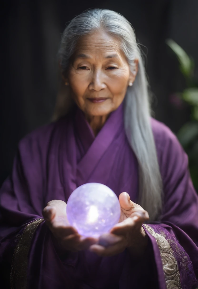 Elderly psychic with crystal ball and crystal ball,jpn,Asians、Close-up portrait of an elderly woman，Holding a glowing ball in your hand,Long grey hair，Dressed in a purple jacket、Cross-legged meditation、Ignite the magical aura around you，Taoist Masters,Taoist,a smile,ornate,diamond ring