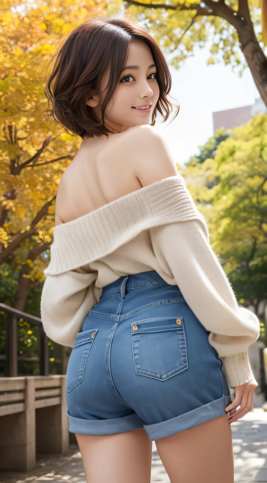 masutepiece, Best Quality, Illustration, Ultra-detailed, finely detail, hight resolution, 8K Wallpaper, Perfect dynamic composition、((Showing your buttocks and looking back))、(From below)、27 year old cute girl、detailed beautiful faces、detailed cute eyes、Textured skin、Smile of embarrassment、Wavy brown short-cut hair、tiny chest、Bold sexy poses、(Off-the-shoulder sweaters)、shortpants、long boots、Gingko tree-lined promenade with autumn leaves、