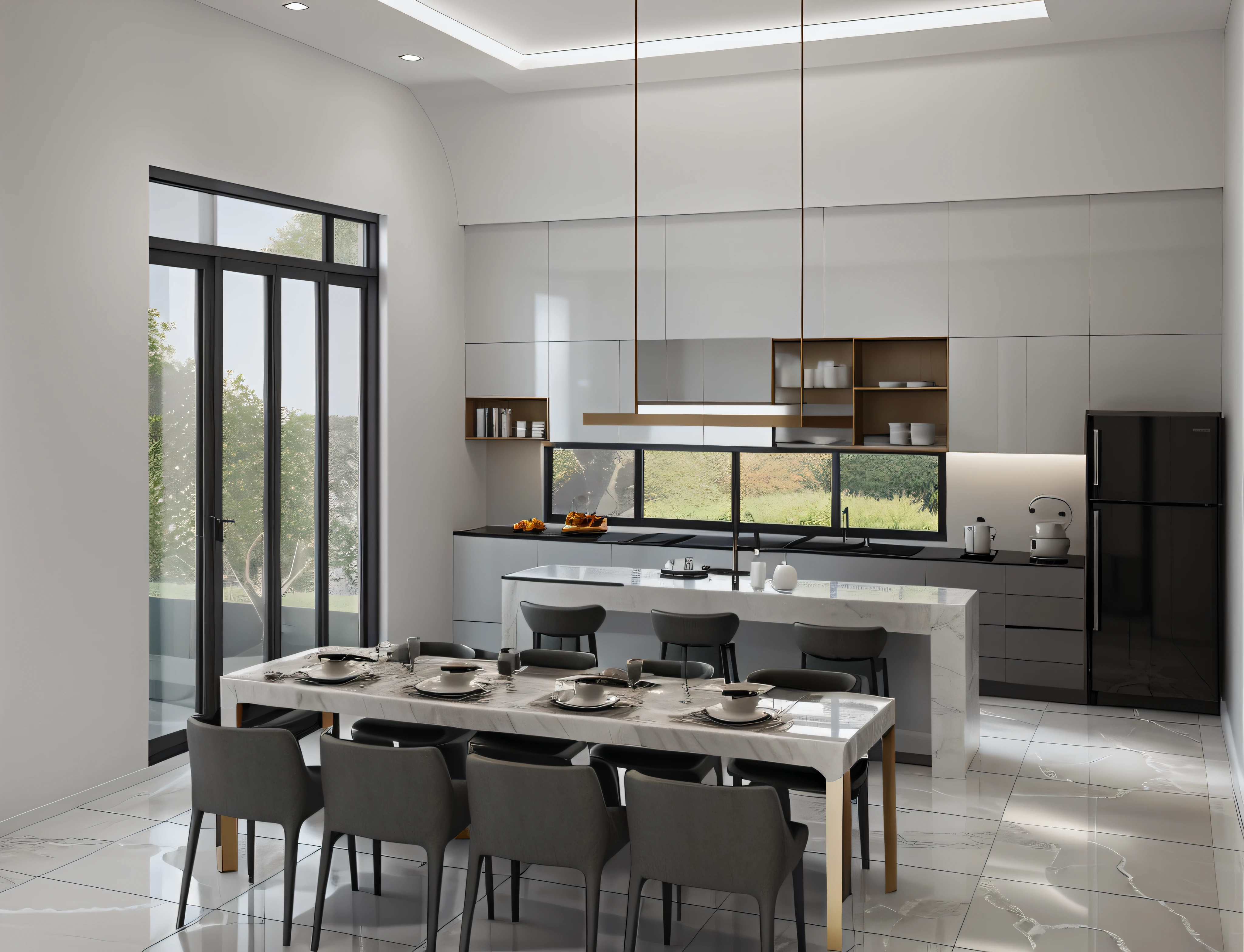 minimalist kitchen, glossy marble panel, ((window:1,1)), marble table
