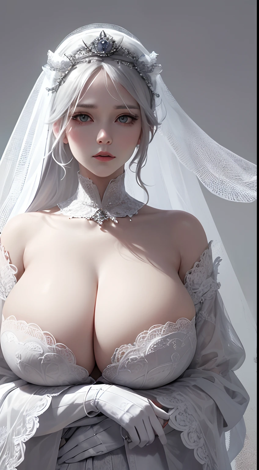a veil on her head, Grey veil, White hair, Off-white, Guvez Art style, Arrogant and heartless girl, Half-squinted, White eyeballs, White eyes, National style, Off-white,(huge tit,gigantic cleavage breasts)