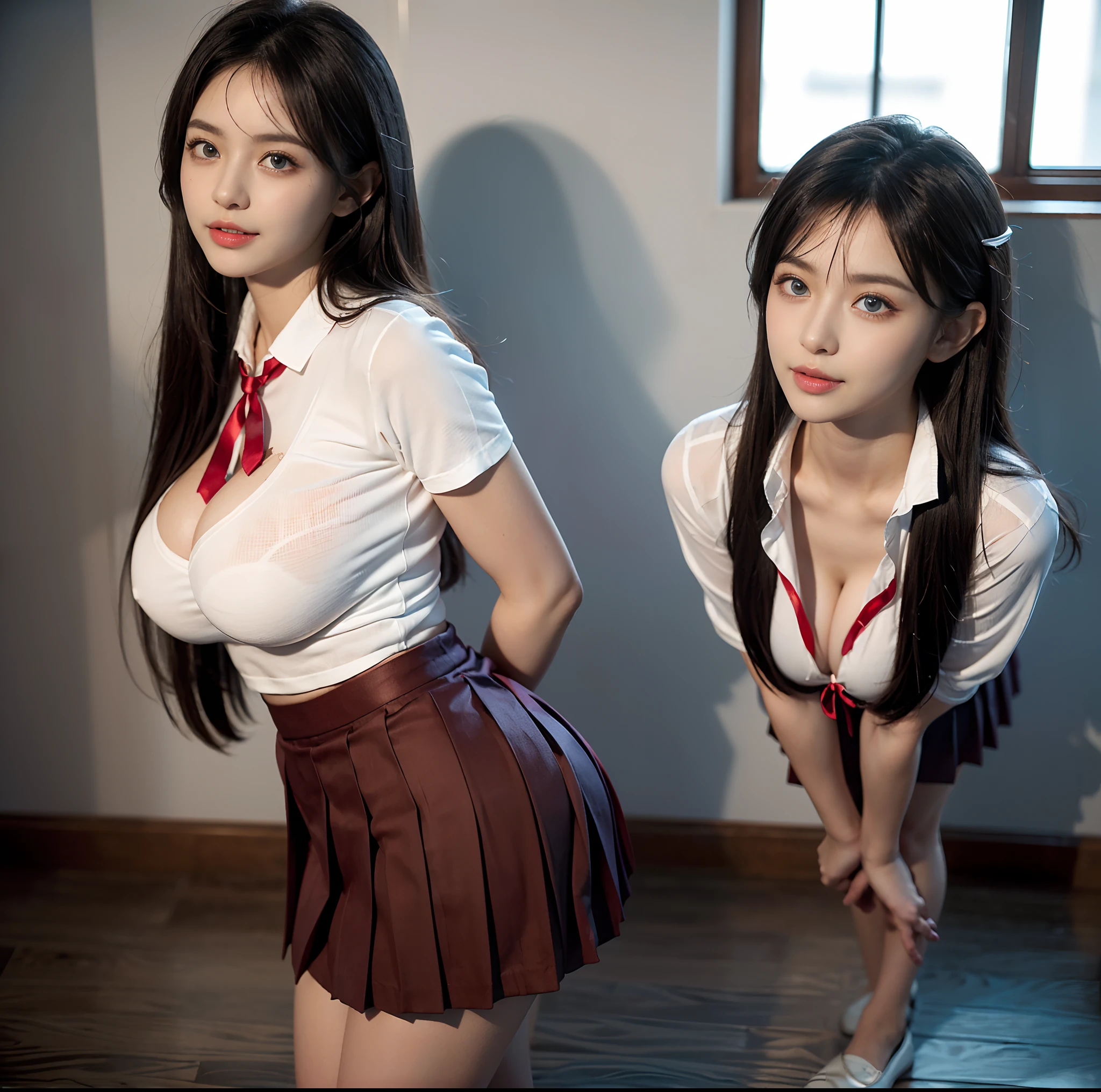 top-quality, masterpiece, (Professional lighting without shadows), A hyper-realistic, Bewitching, perfect anatomia, Two girls, (Proudly stand in front of the camera、Girl showing off ribbon tie, Another girl on the other side、Bend over and stick your butt out towards the camera), ( For the perfect body、Huge breasts:1.3), Bright and even whitening skin without wrinkles and steps, (bright beautiful blue eyes with long eyelashes and red tear bags,、Reflects a lot of light:1.3)、 Braided half-up hair with bangs, (Her outfit is、Dress up tight fit cramped schoolgirl uniform with super short super mini pleated skirt:1.3), (The neat design around the neck and the crimson ribbon tie are proudly displayed from the front), (Another girl on the other side、To beautifully emphasize the proud ultra mini pleated skirt、Showing off a pose with half of her buttocks exposed from directly behind:1.5), (Beautiful face squinting in dazzling light:1.3), (ssmile), (Plump red teardrop bag:1.3),