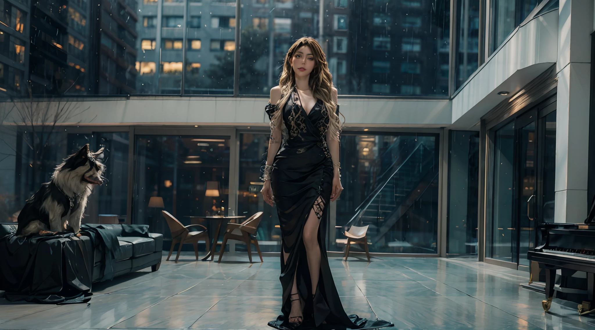 4k highly detailed, Realistic digital extremely high quality RAW photos,Large floor-to-ceiling windows,Large modern style living room,It was raining outside the window,High-rise buildings outside the window,Sit in front of a black piano,Long curly blonde hair,Long black dress,, Epic, Hyperrealistic, hyper photorealism, 8K, Cinematic lighting ,hyper HD
