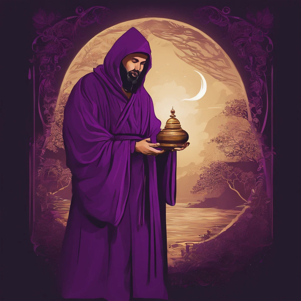 create a vector, Arafed monk in a purple robe holding a portion, like a Wizard, in dark purple robe