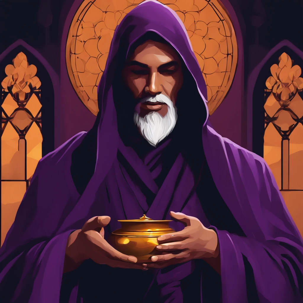 create a vector, Arafed monk in a purple robe holding a portion, like a Wizard, in dark purple robe