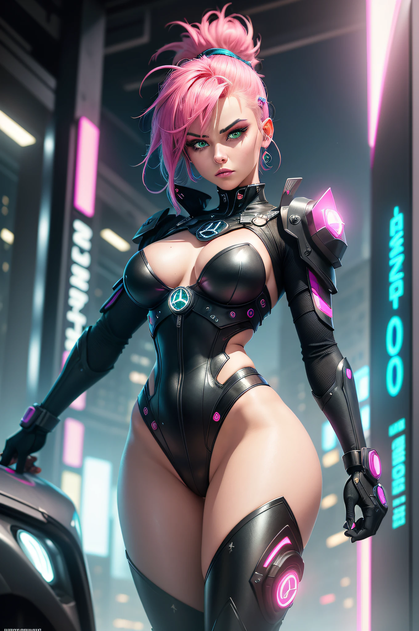 A JustforFun creation. (((Ultra detailed, beautiful face, Megapixel)))
In a futuristic metropolis dominated by advanced technology, a cyberpunk heroine emerges to challenge the oppressive reign of the Death Robots. With ((neon pink hair)) styled in a daring mohawk and her ((intense, neon green eyes)) glowing with determination, she embodies rebellion and strength. Her exoskeleton suit, a masterpiece of engineering, allows her to walk effortlessly on both hands and feet, giving her the advantage of agility and acrobatic prowess. Emblazoned on her suit is the ((Mercedes-Benz star logo)), signifying her defiance against the mechanized tyranny. She wields a high-tech plasma whip, crackling with electric energy, as her weapon of choice. In the backdrop of the city's neon-lit streets, she takes a defiant stance, ready to take on the Death Robots in an electrifying battle for freedom and justice.
