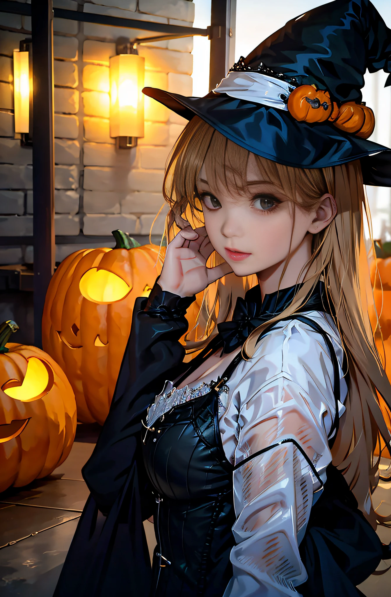 1girl, halloween style, witch clothe, pumpkins, high_res