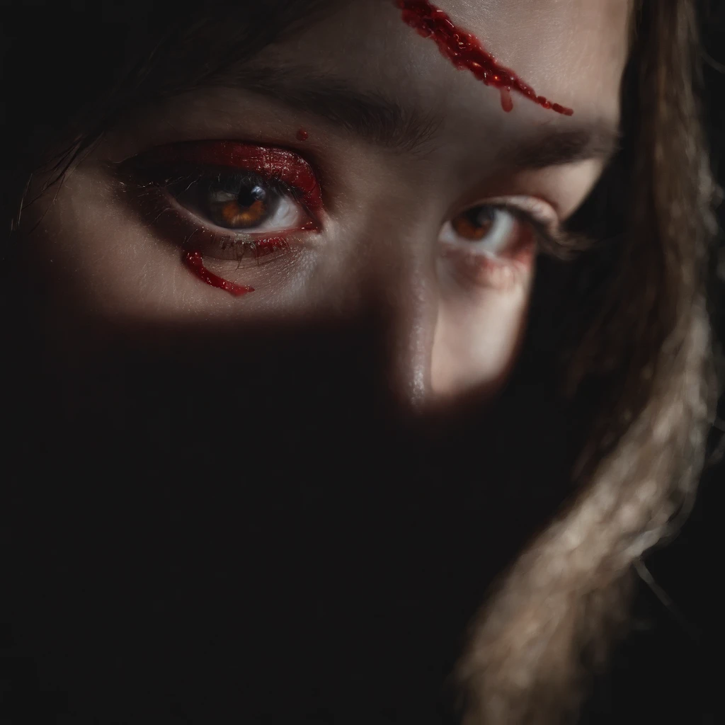 (best quality), (Superfein), (Meisterwerk), oil drawing, one eye crying blood drawed on a blank black background, horror