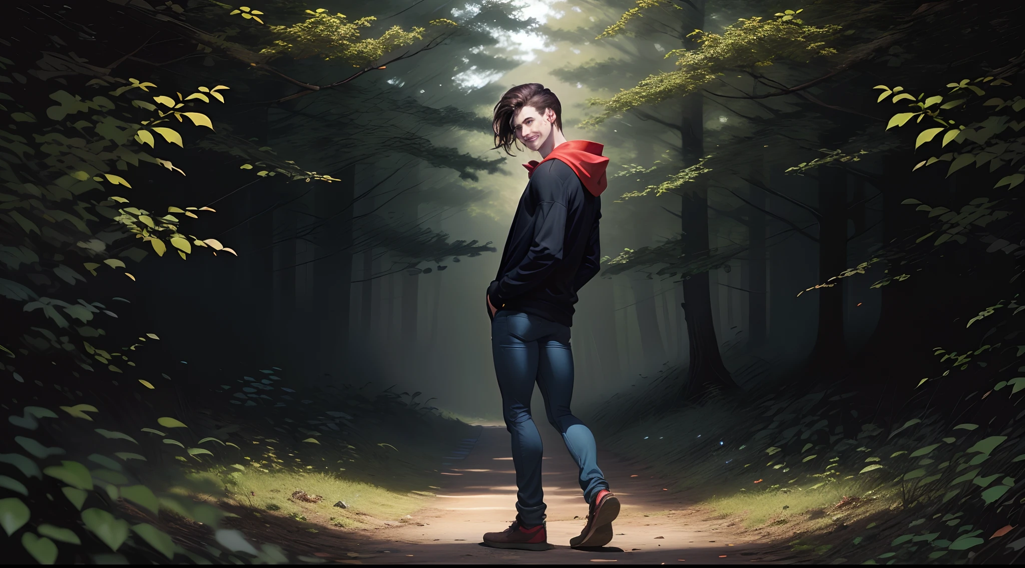 marvel comic panel of dark brown haired male with pale red skin and green eyes wearing a black hoodie and black jeans in a forest at night in the dark holding a bloody knife and grinning while looking back full body
