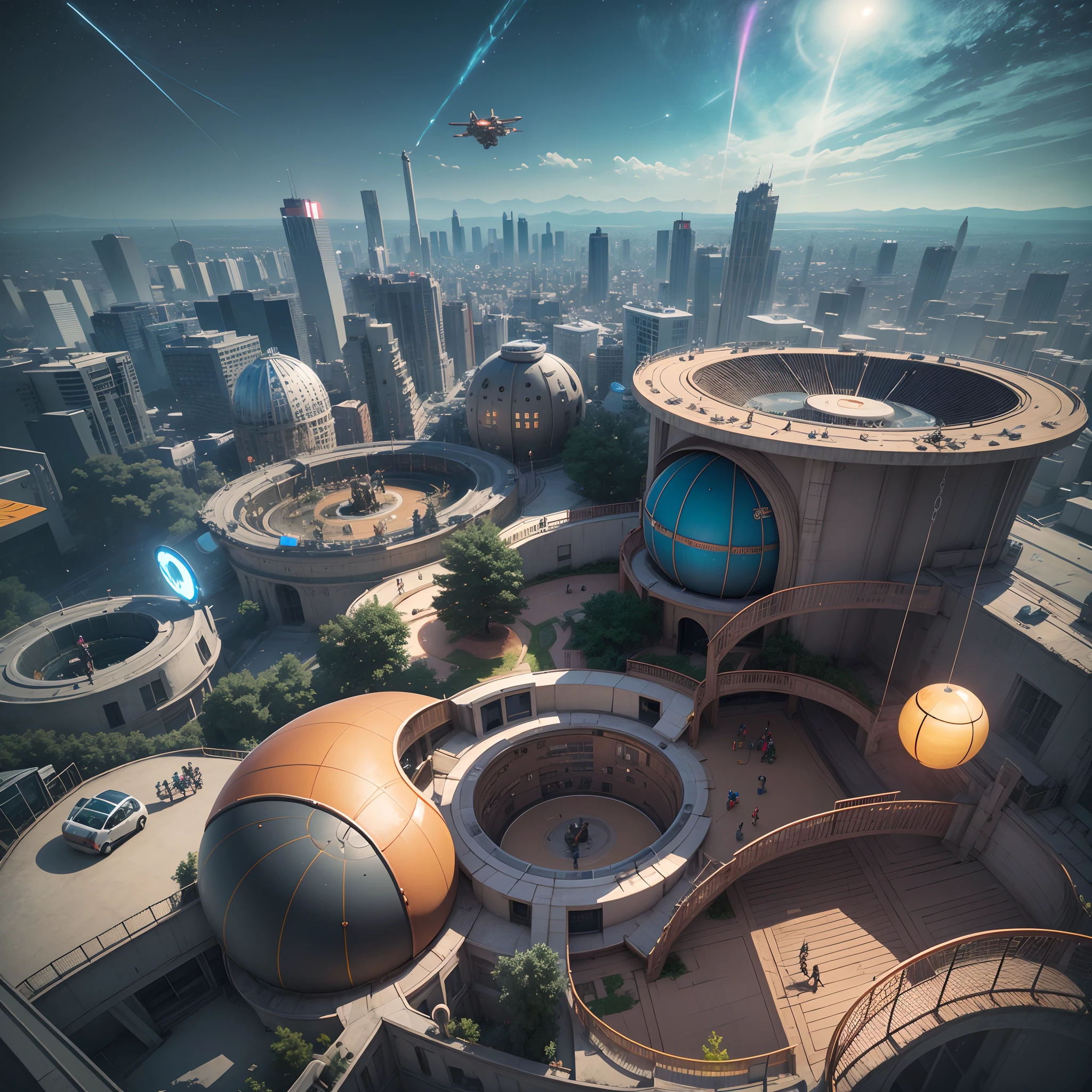 Aerial view shot of an African playground full of playing African children dressed in african designed futuristic clothes, with marks around the face, spaceships flying in the sky, futuristic drones flying in the sky, futuristic swings and trampolines and children games in the scene, bright and vibrant light shining, with iridescent light, scifi art, cinematic lighting, artgerm style, 32k, ultra HD, unreal engine rendered, octane 3d rendering, highly detailed images --auto --s2