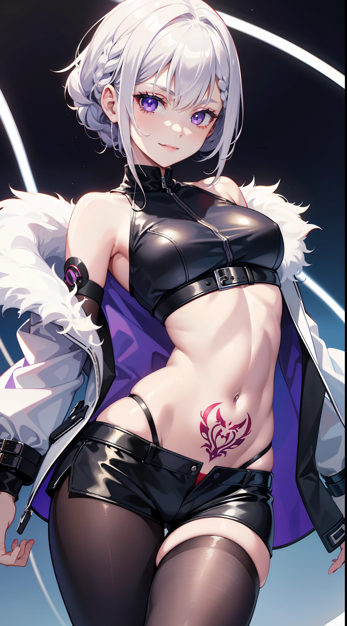 young girl, short white hair, braid, violet eyes, Blue leather coat, Sleeveless, open belly, Shorts, Long pantyhose, Long Grey Gloves,, red tattoo, smirk, Masterpiece, hiquality, 4k, HD, Good detail