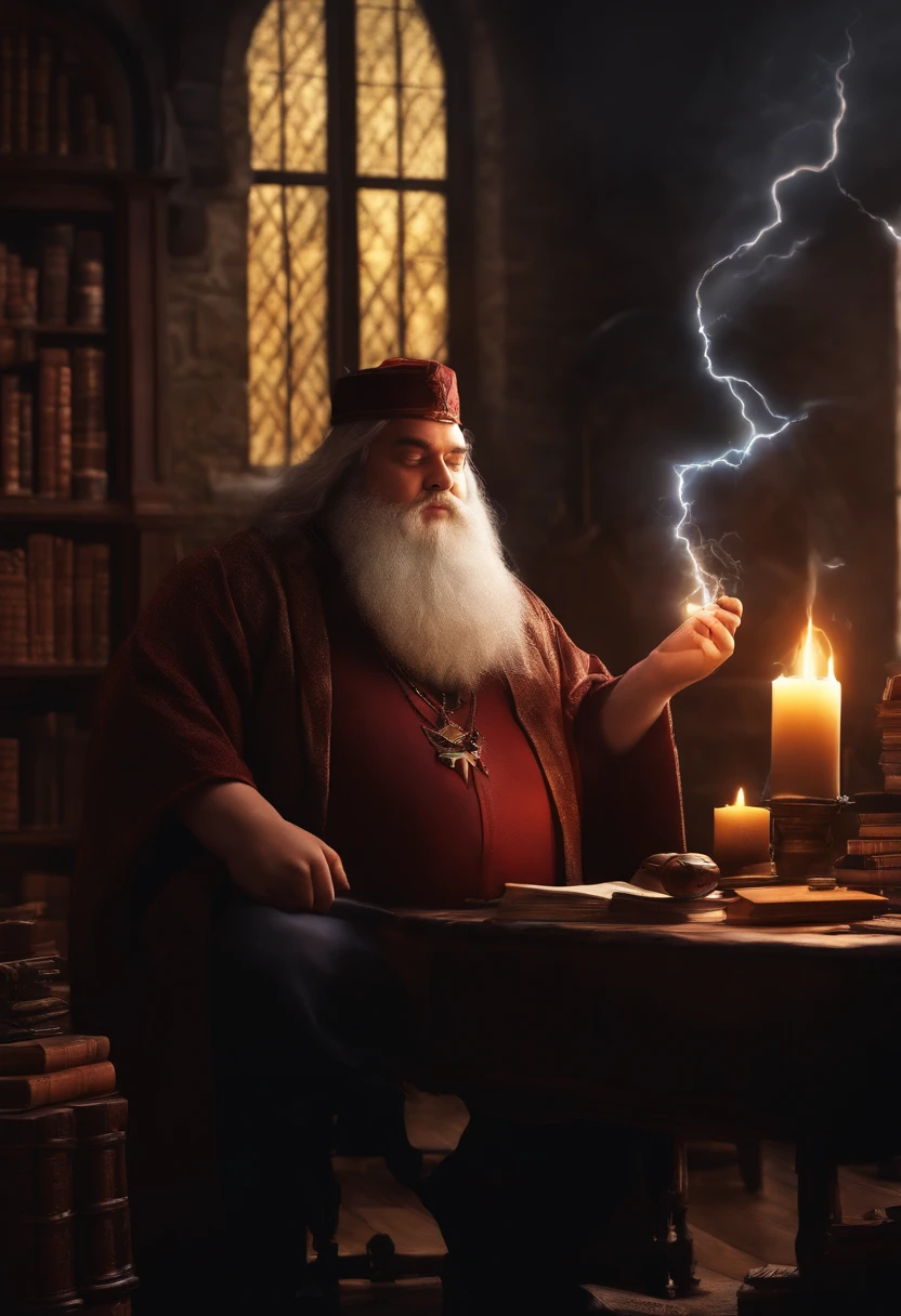 90's style fat adult with beard Wizard, Hogwarts student (17 years old) digital art, chilling, awesome lightning, in his room, practicing magic