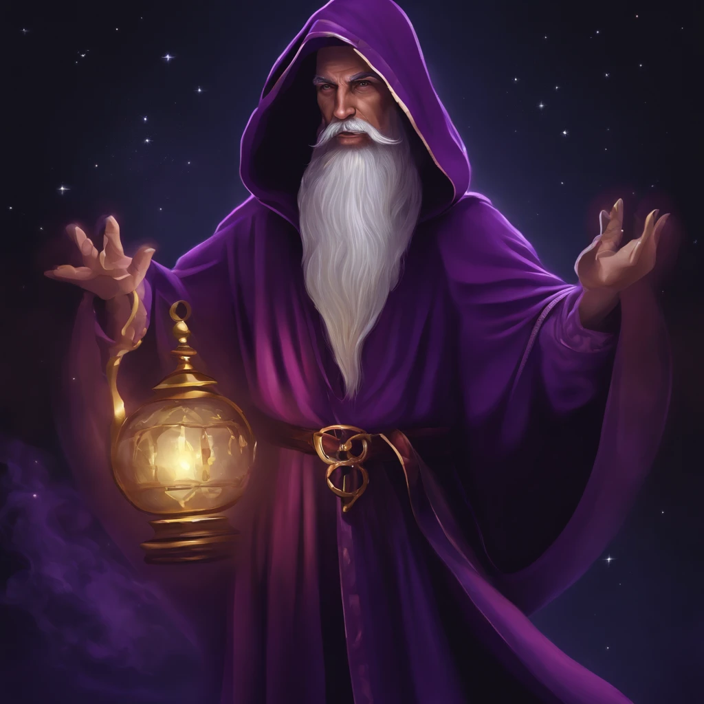 create a vector, Wizard in a purple robe holding a portion, in dark purple robe
