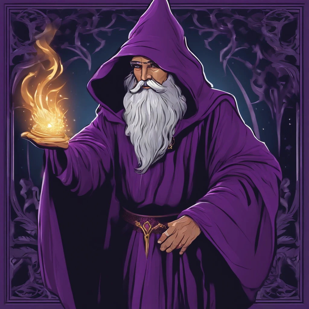 create a vector, Wizard in a purple robe holding a portion, in dark purple robe