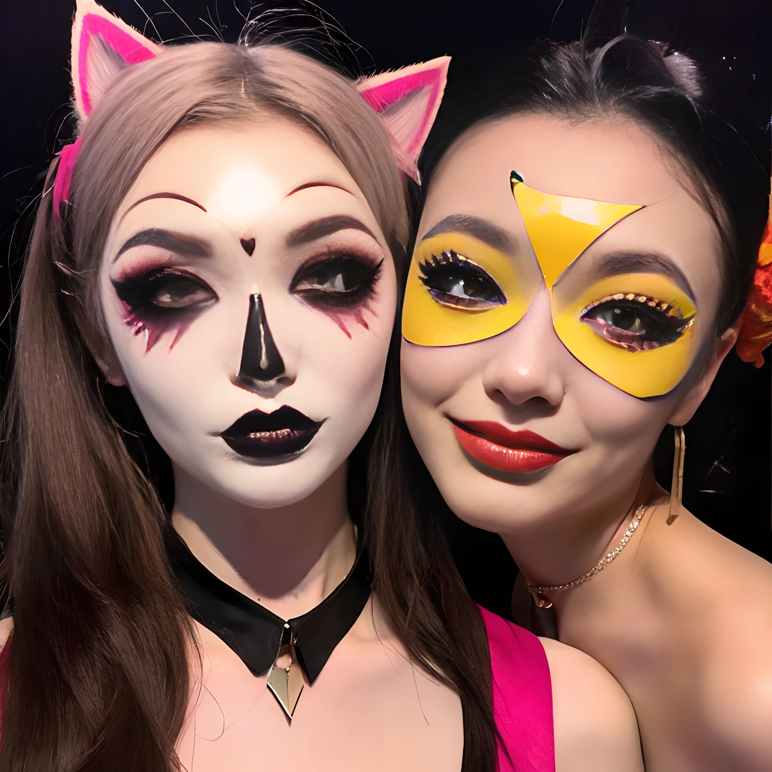 Halloween masquerade event party
(purple yellow orange pink black white)Y2K, still photograph, Fabric mist, The key to creating a cute little devilish look is the makeup that bounces up the corners of your eyes with black liquid eyeliner.Red lipstick with a layer of gloss to create a lovely glossy lip, black tattoo stickers on cheeks, scribbling with liquid eyeliner,Cat-eyed, black liquid eyeliner with cat-like nose and beard, Glitter Makeup Point Used,