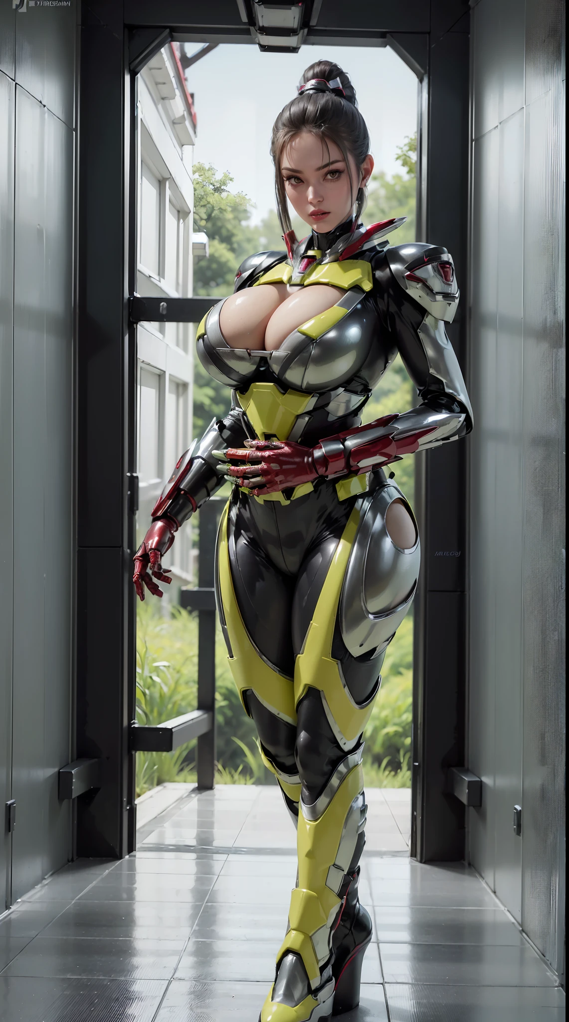 (1GIRL,SOLO:2), (super detailed face), ((BIG BUTTOCKS, HUGE FAKE BREASTS:1.5)), (CLEAVAGE TOP:1.5), (MUSCLE ABS:1.4), (MECHA GUARD ARM:1.5), ((GREEN, SILVER, RED OVERWATCH MECHANICAL SHINY HEAVY ARMORED CROP TOP, BLACK MECHA SKINTIGHT SUIT PANTS, MECHA GUARD ARMOR LEGS, HIGH HEELS:1.6)), (LEWD VOLUPTUOUS BODY:1.3), (GLOWING SKIN:1), (LONG LEGS, FULL BODY:1.3), (LOOKING AT VIEWER:1.3), (female focus:0.886), (WALKING DOWN HALLWAY OF FUTURISTIC SPACE STATION:1), (BRIGHT LIGHT WHITE_ROOM:1.3), SUPER TEXTURE, UNREAL ENGINE RENDER, PHYSICALLY-BASED RENDERING, ULTRA HIGHT DEFINITION, 16K, 1080P.