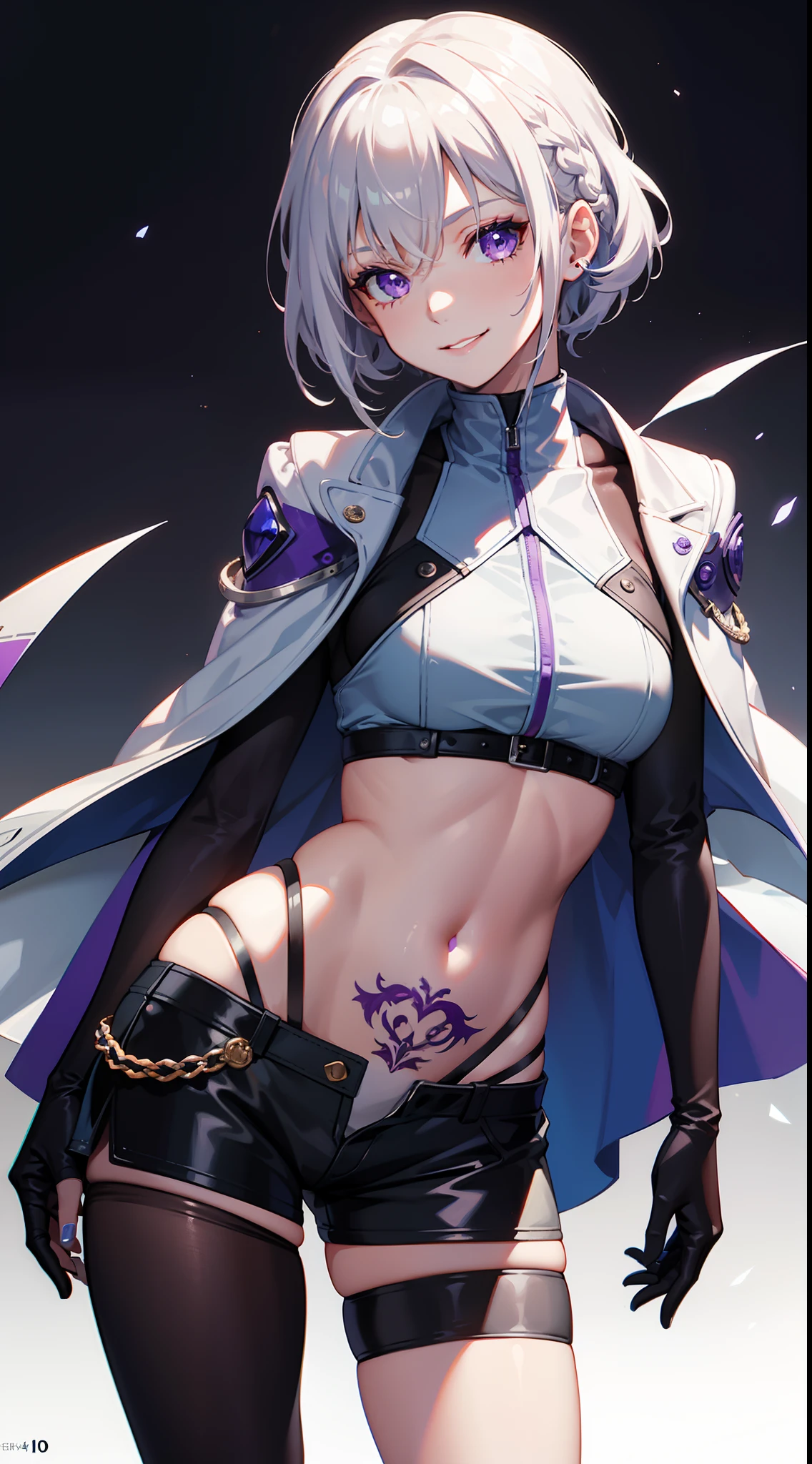 young girl, short white hair, braid, violet eyes, Blue leather coat, Sleeveless, open belly, Shorts, Long pantyhose, Long Grey Gloves,, red tattoo, smirk, Masterpiece, hiquality, 4k, HD, Good detail
