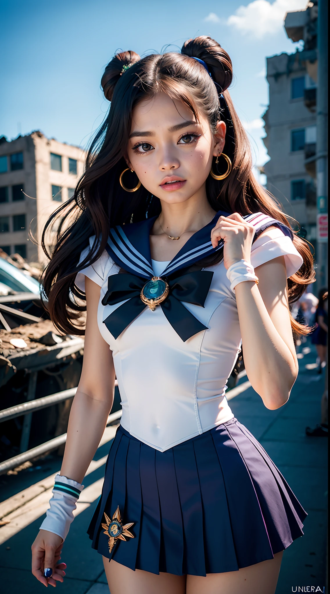 Jennie blackpink hermosa con vestido corto azul transparente, obra maestra, La mejor calidad, High resolution, Venus1, solamente, (Uniforme Sailor Senshi:1.4), Venus marinera, Aino Minako, cabello rubio, Magical Girl, ojos azules, falda naranja, guantes hasta el codo, tiara, 60% minifalda plisada , lazo de pelo, Collar marinero naranja, minifalda, gargantilla, red bow, gargantilla naranja, guantes blancos, Pelo muy largo, jewely, pendientes, tiro de mezclilla, vista desde abajo, ((Detalles intrincados)), They are smiling,,More detailed 8K.motor irreal:1.4,UHD,La mejor calidad:1.4, fotorrealista:1.4, textura de la piel:1.4, obra maestra:1.8,obra-prima, mejor calidad,objeto Objeto], (detailed face features:1.3),(Apocalyptic city destroyed:1.4),( Jennie Blackpink:1.4)
