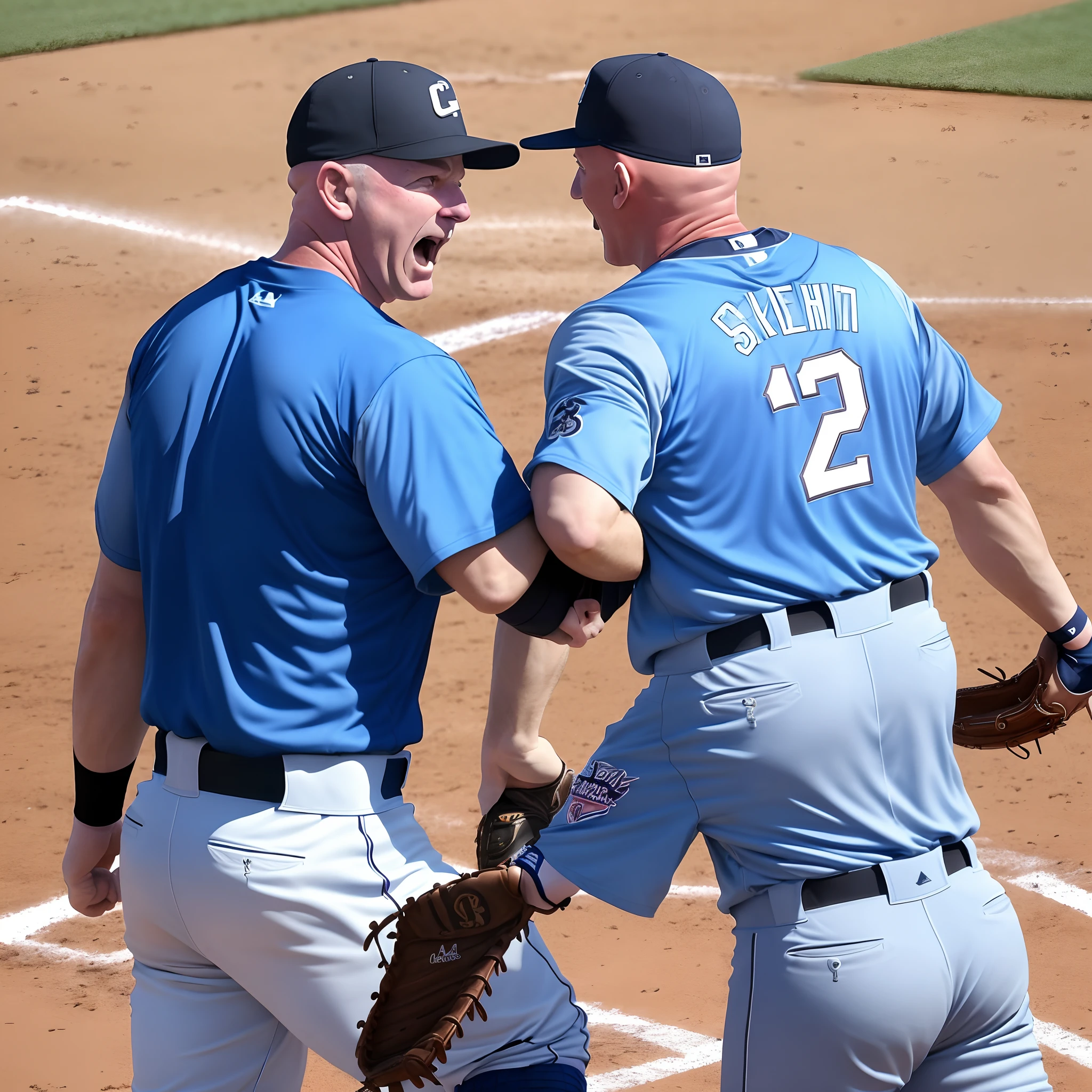 Softball coach bald male in sky blue outfit fighting the umpire