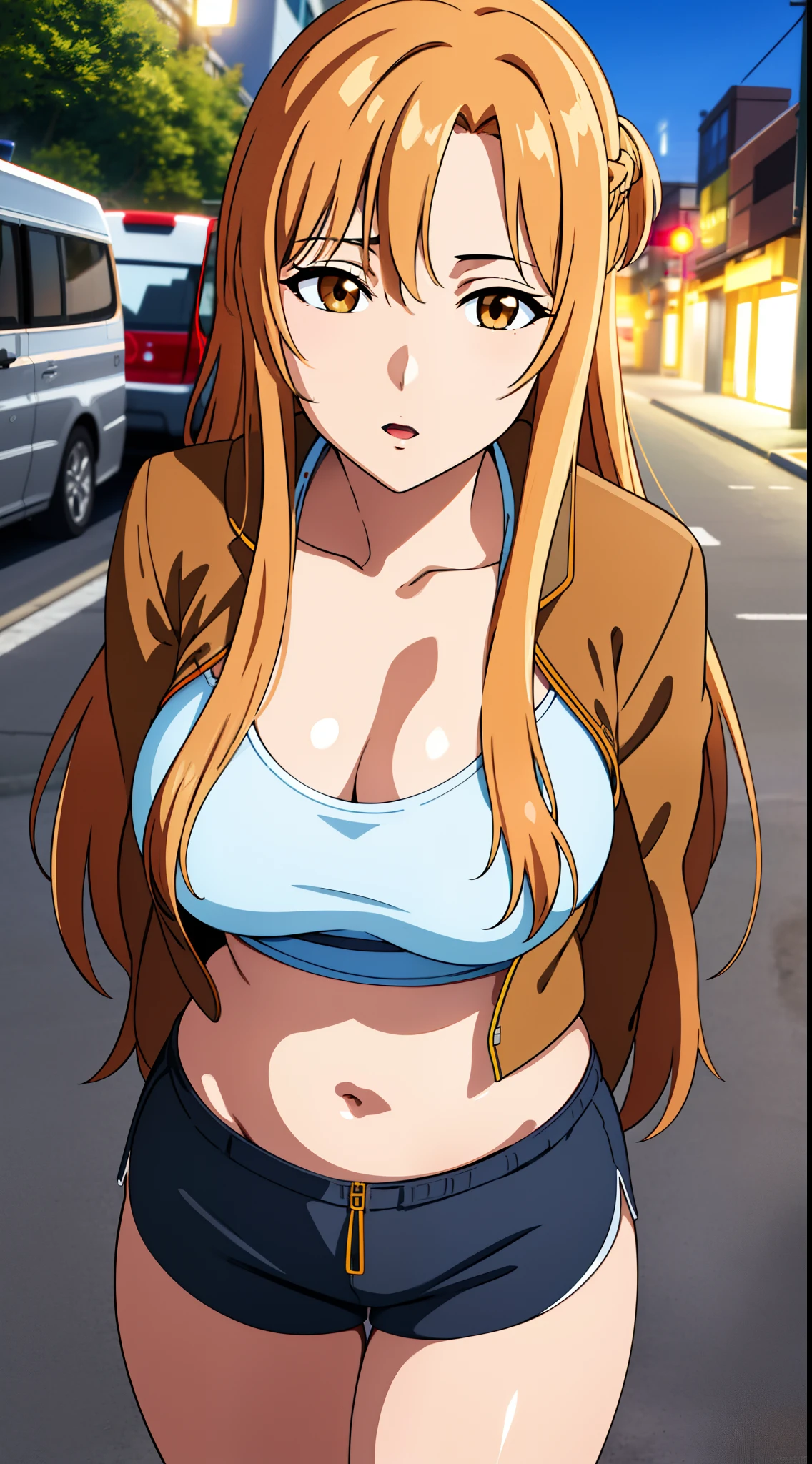 (best quality:1.5, highres, UHD, 4K, detailed lighting, shaders), asuna yuuki, light brown long hair, busty, open jacket, camisole, crop top, cleavage, shorts, sexy, erotic, pov, close shot, street background