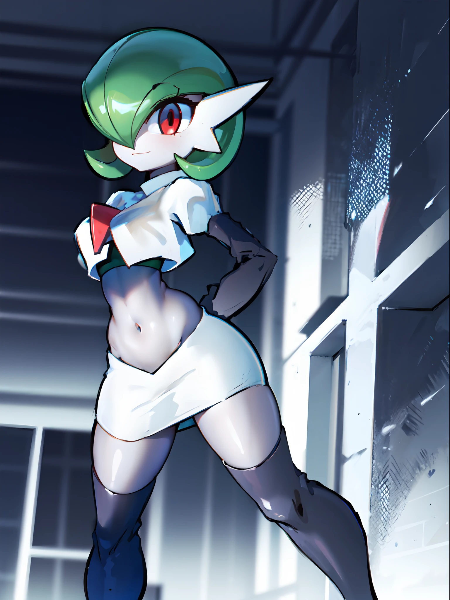 gardevoir,1girl,team rocket,team rocket uniform,white skirt,crop top,black thigh-highs,black elbow gloves,