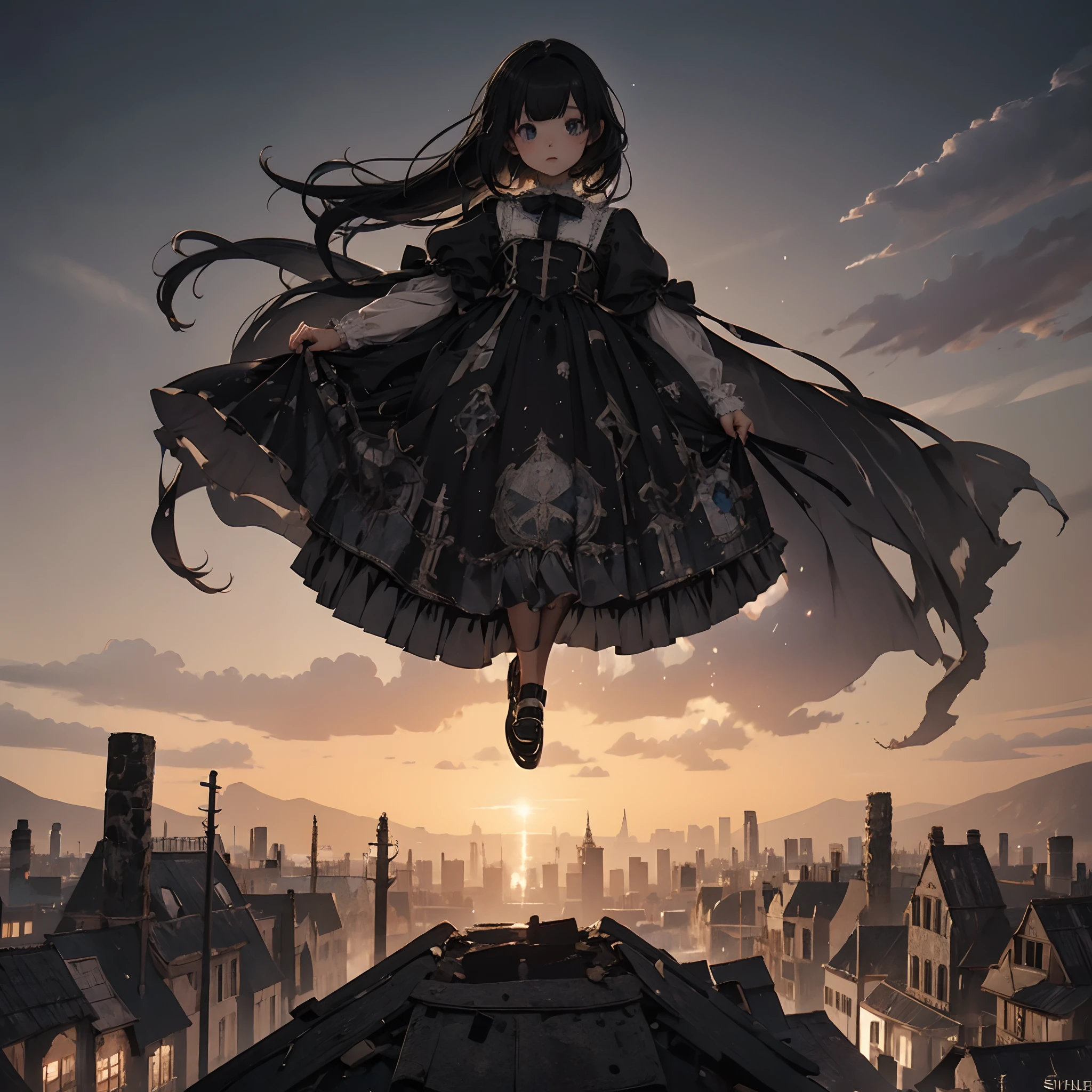  floating in the sky above the town. Her is a shimmering skirt. She is a girl in a black gothic dress. somersault. Post-apocalyptic world.