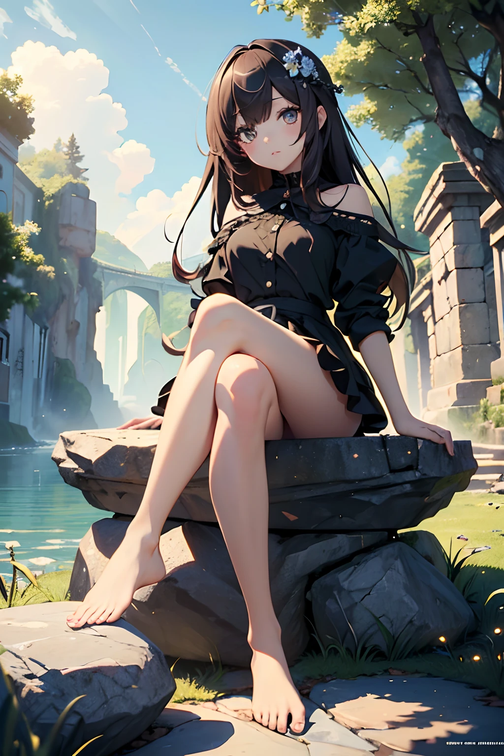 ((Best quality)), ((Ultra-detailed)), ((Masterpiece)), ((very fine 8KCG wallpapers)), ((very fine 8KCG wallpaper)), 1girll, kawaii,Bare legged，sitting on the stone，legs crossed