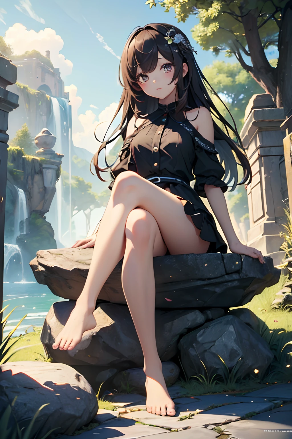 ((Best quality)), ((Ultra-detailed)), ((Masterpiece)), ((very fine 8KCG wallpapers)), ((very fine 8KCG wallpaper)), 1girll, kawaii,Bare legged，sitting on the stone，legs crossed