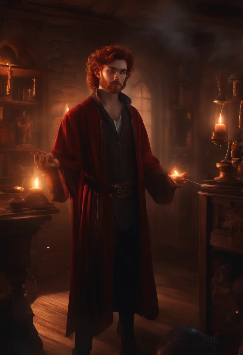 90's style adult with red ginger beard and brown black hair Wizard, Hogwarts student () digital art, chilling, awesome lightning, in his room, practicing magic with floating knives and orbs.
