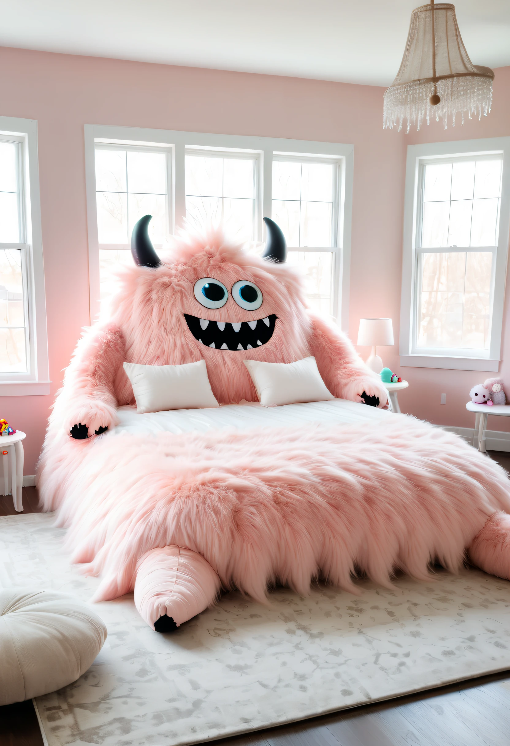 A huge bed shaped like a cute light pink monster furry with pillows on the bed in a bright large room with windows, sunlight, tables, carpets, toys