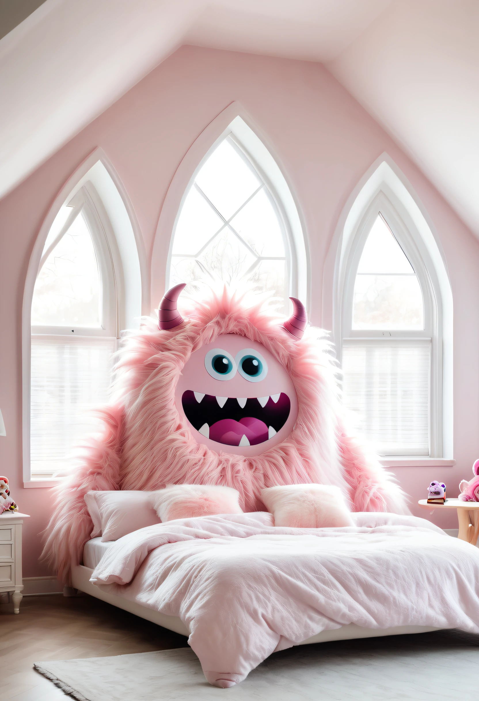 A huge bed shaped like a cute light pink monster furry with pillows on the bed in a bright large room with windows, sunlight, tables, carpets, toys