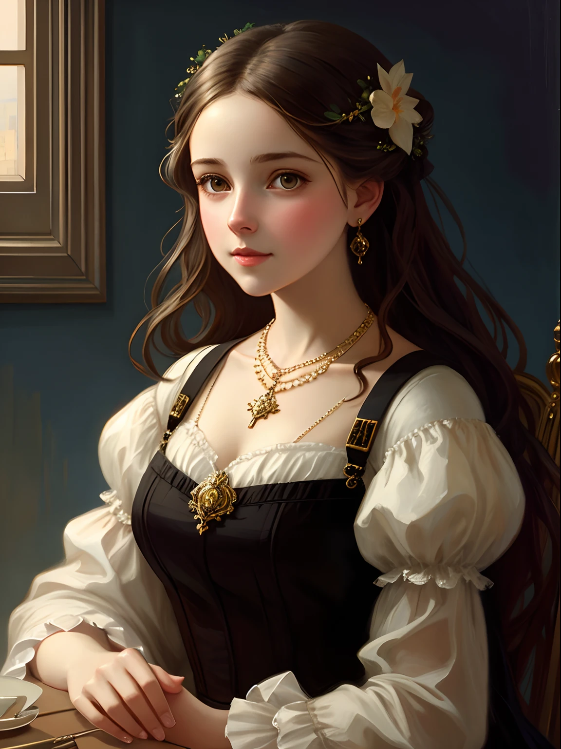 a painting of a woman with a necklace and a dress, in the art style of bowater, very beautiful portrait, in style of wlop, beautiful character painting, realistic cute girl painting, the style of wlop, gorgeous digital painting, artwork in the style of guweiz, elegant digital painting, baroque digital painting, detailed beautiful portrait, oil painting style, modest,