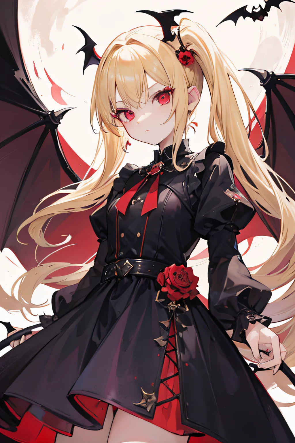 Blonde hair double ponytail，Vampires，With a petite figure，Bat wings，red eyes，Small crown hair ornaments，solo person，Arrogant，Western-style dress，outside，themoon