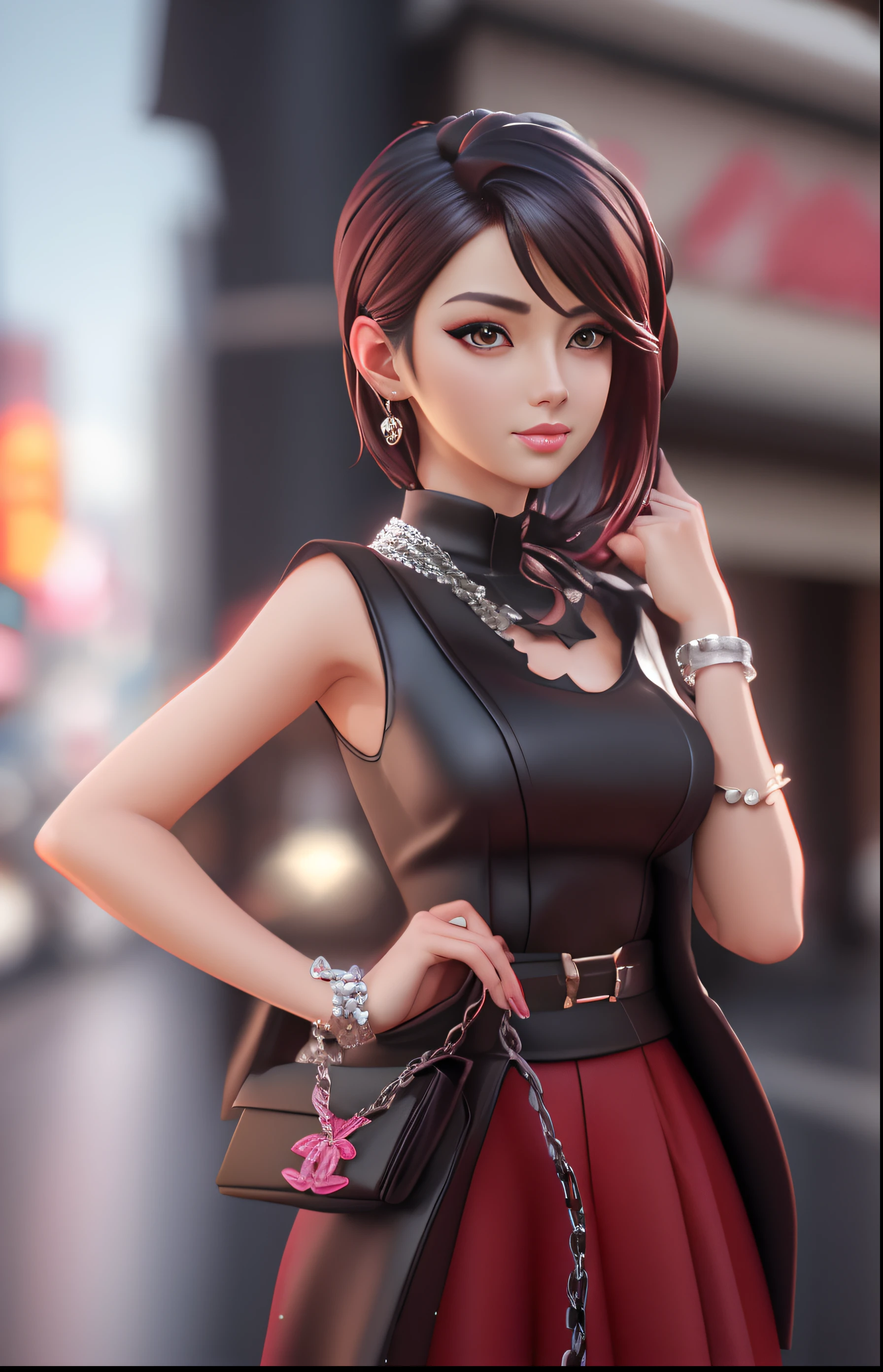 Close-up of a woman holding a purse and chain, anime styled 3d, Anime style. 8K, stunning art style, Realistic anime 3 D style, digital art of an elegant, Stylized digital art, realism art style, Stylized anime, 8K high-quality detailed art, Realistic art style, Digital art style