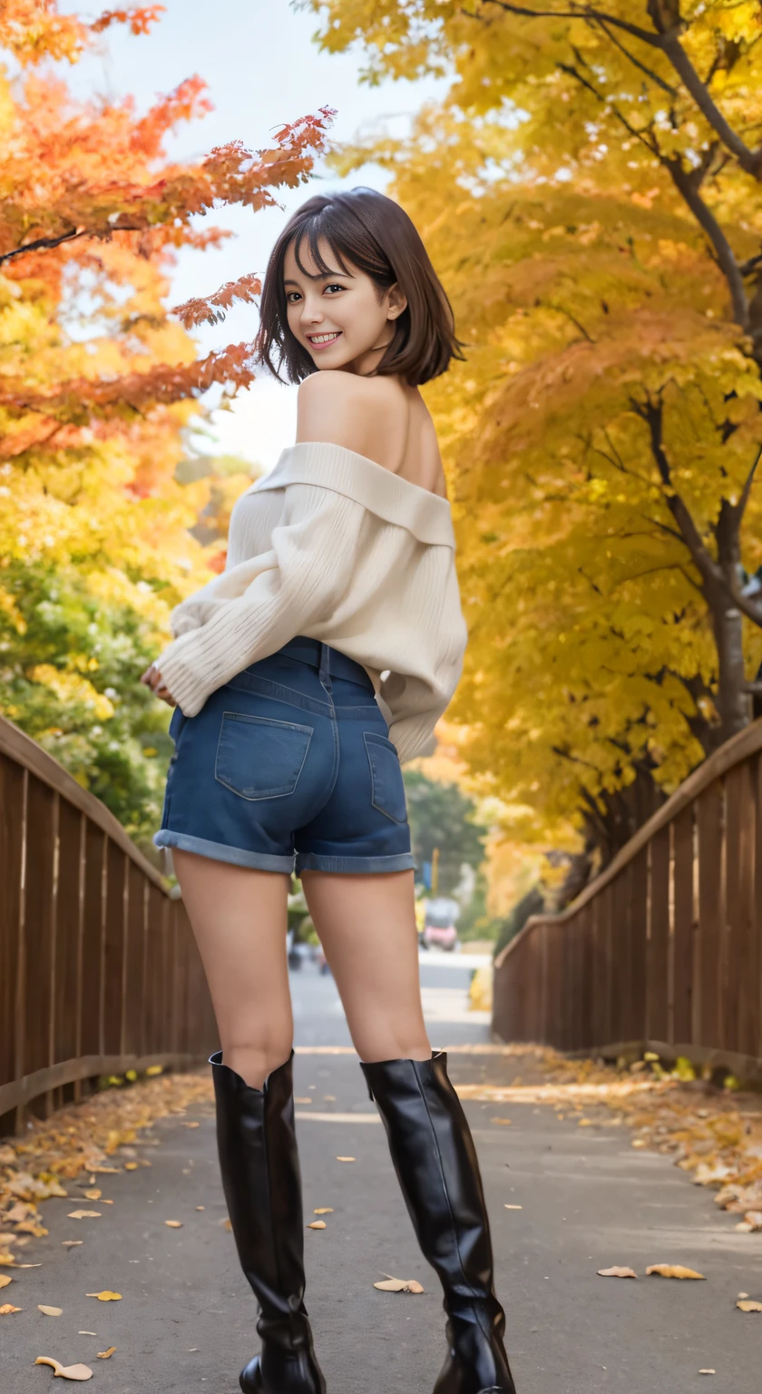 masutepiece, Best Quality, Illustration, Ultra-detailed, finely detail, hight resolution, 8K Wallpaper, Perfect dynamic composition、((full body Esbian))、((Show your ass and turn around))、(From below)、27 year old cute girl、detailed beautiful faces、detailed cute eyes、Textured skin、Smile of embarrassment、Wavy brown short-cut hair、tiny chest、Bold sexy poses、(Off-the-shoulder sweaters)、shortpants、long boots、Gingko tree-lined promenade with autumn leaves、