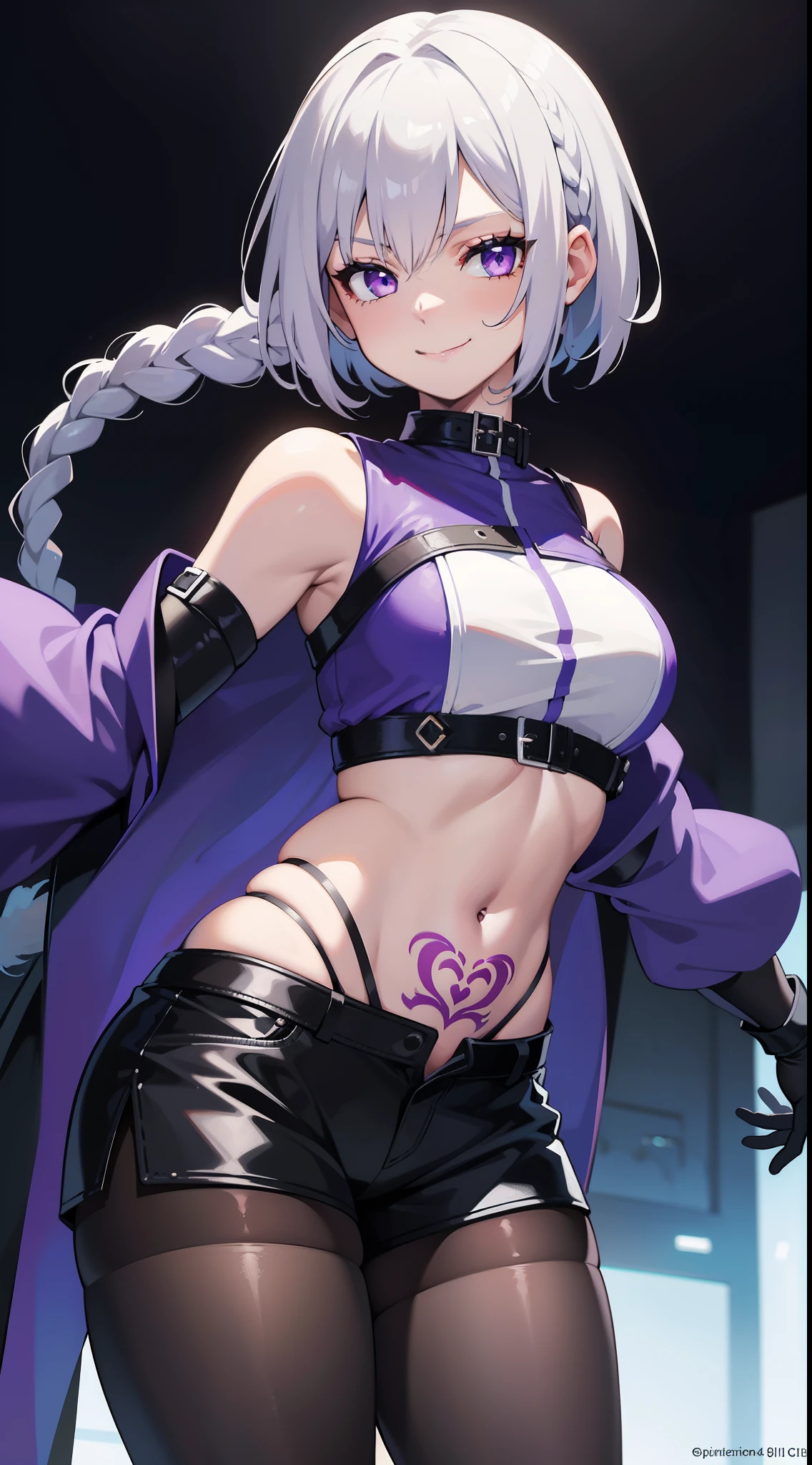young girl, short white hair, braid, violet eyes, Blue leather coat, Sleeveless, open belly, Shorts, Long pantyhose, Long Grey Gloves,, red tattoo, smirk, Masterpiece, hiquality, 4k, HD, Good detail